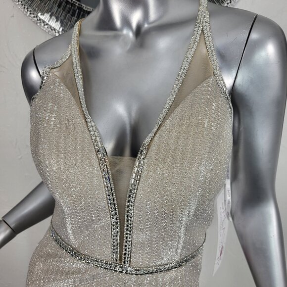 NWT~$490~SPLASH~10~CHAMPAGNE RHINESTONE SIDE SLIT MAXI EVENING GOWN PROM DRESS - Picture 5 of 16